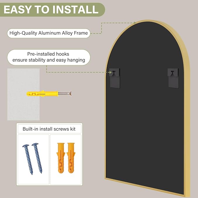 30x38 Inch Arched Bathroom Mirror - Gold Metal Frame Wall Mounted Vanity Mirror for Bathroom, Bedroom, Living Room, Hanging or Leaning Decorative Mirror