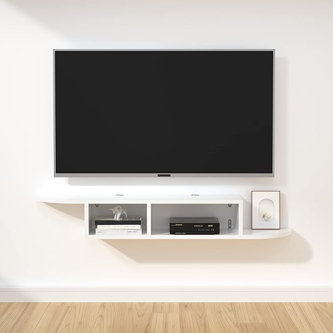 GHC Floating TV Stand, Wall Mounted Entertainment Center and Cabinet Shelf, TV Console with Storage, Media Console for DVD Player, Space-Saving Under TV Shelf for Bedroom, Living Room (White)
