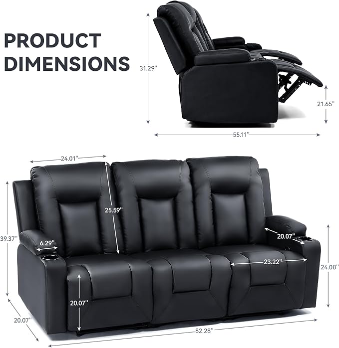 COMHOMA Furniture Bonded Leather Sofa with Massage,Cup Holder,Living Room Set Recliner Chair,3+1+1,Black