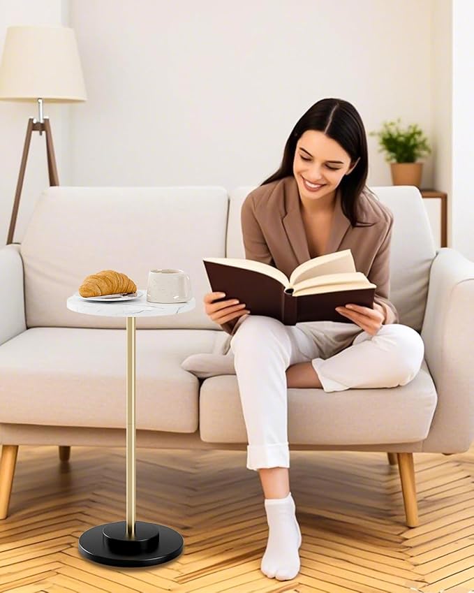 Round Side Table, Small Drink Table for Small Spaces, Modern Accent End Table Coffee Table with Metal Leg for Living Room, Bedroom, Corners, and Office (White Marble)