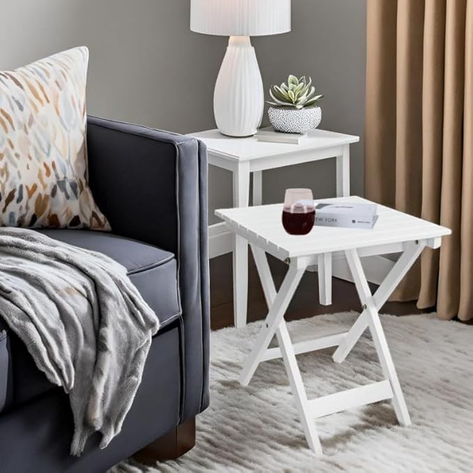 Outdoor Patio Side Table Set of 2 Small Wood End Square Table Folding Coffee Furniture for Living Room, Bedroom, Plant Stand, Camping Portable White
