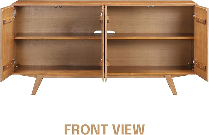 NTC Sapa Mid-Century Modern Solid Wood Sideboard – 4-Door Accent Buffet Cabinet with Carved Geometric Fronts, for Living Room, Dining Room, or Entryway, Effortless Assembly, Teak Look