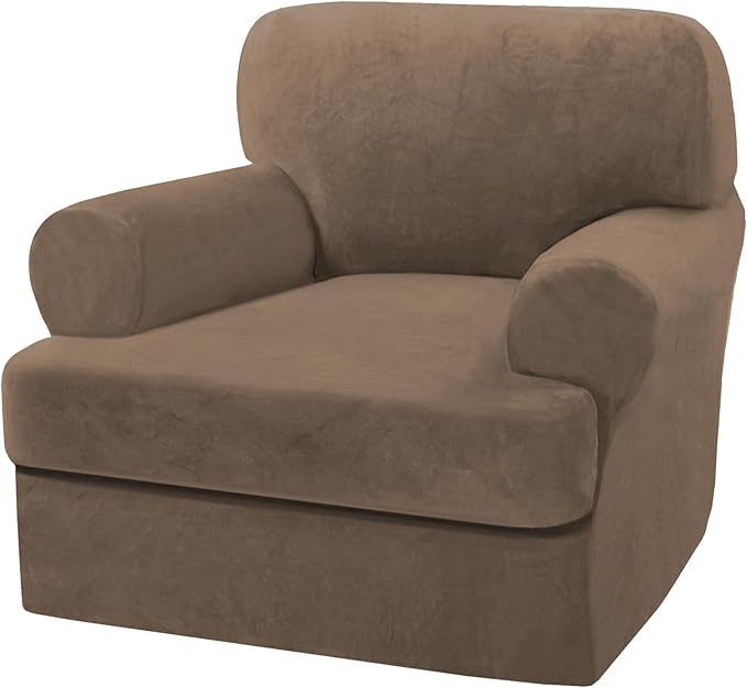 H.VERSAILTEX Sofa Cover 2 Piece T Cushion Armchair Slipcovers Thick Velvet Couch Cover Stretch T Cushion Sofa Covers for 1 Cushion Couch with 1 Individual T Cushion Covers, Mocha