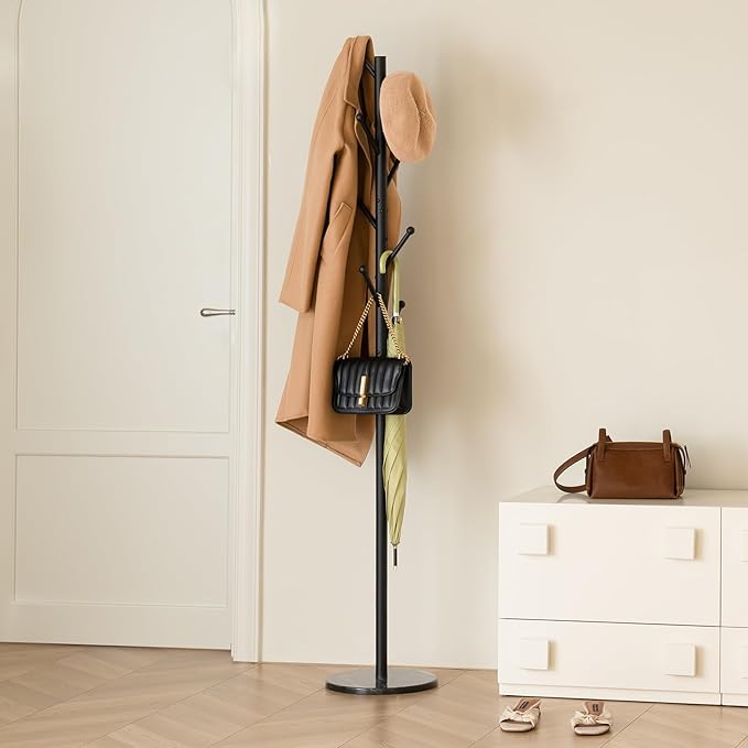 Yoobure Coat Rack Freestanding with Natural Marble Base - Coat Tree with 8 Hooks Heavy Duty Coat Hanger Stand, Metal Coat Rack Stand for Jacket, Hat, Clothes & Bag, Hall Tree Hat Rack for Entryway