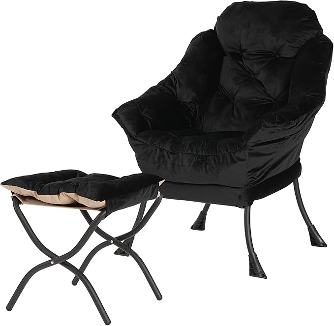 Lazy Chair with Folding Ottoman,Living Room Chairs, Accent Contemporary Lounge Chair, Single Steel Frame Leisure Sofa Chair with Armrests and A Side Pocket (Black)