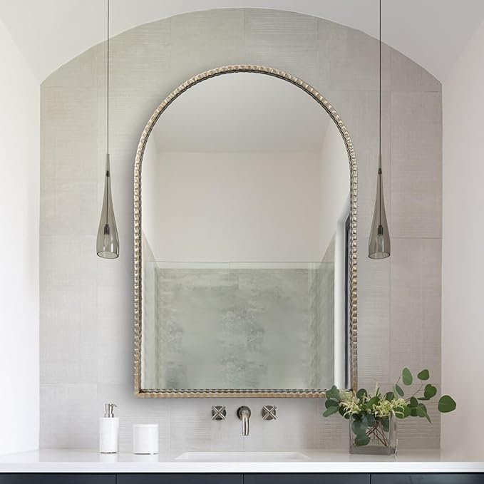 24"x36" Antique Silver Arch Mirror - Retro Distressed Geared Metal Frame Farmhouse Wall Mirror for Bathroom, Living Room, Entryway Hall