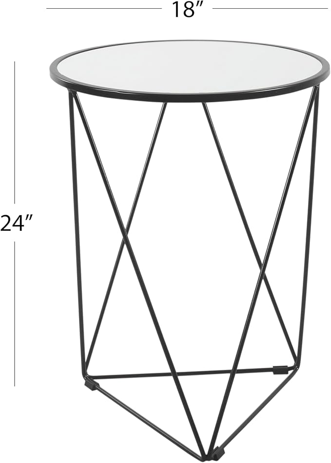 HomePop Metal Accent Table Triangle Base Round Mirror Top, Black, 18D x 18W x 24H