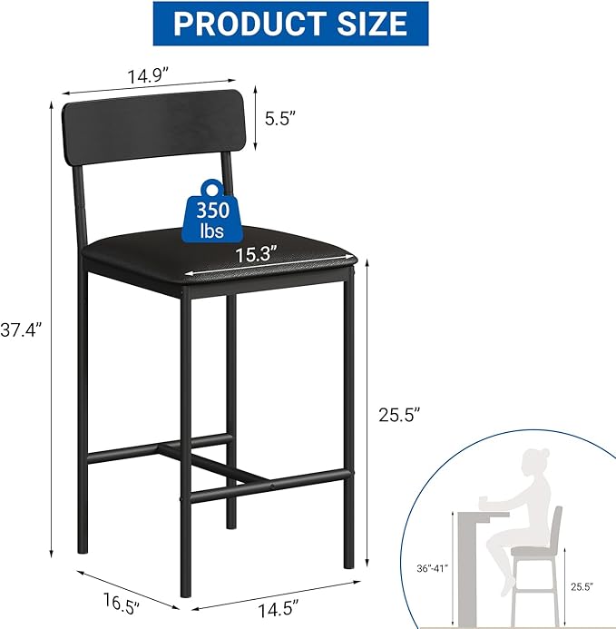 GarveeHome Bar Stools Set of 2, Upholstered Counter Height Bar Stools with Backrest and Footrest, Kitchen Barstools for Island, Counter Bar, Easy Assembly, Rustic Black