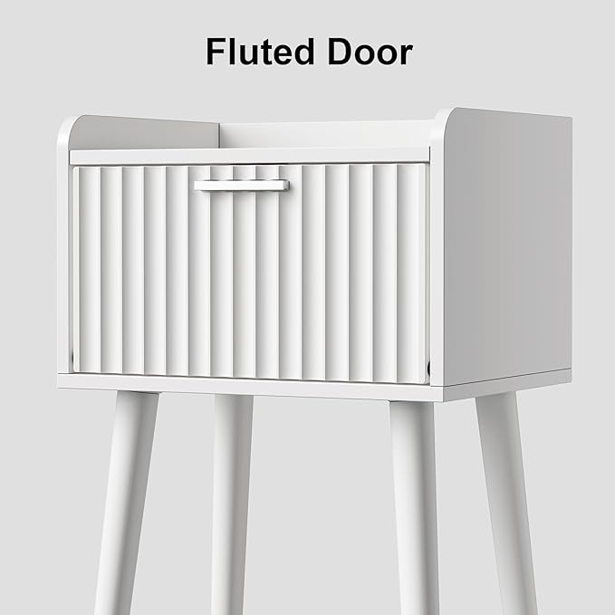 LAATOOREE Nightstand Set of 2, Small Bed Side Table with Fluted Door, End Table with Solid Wood Legs, Mid-Century Bedside Table for Bedroom Small Space