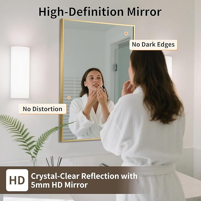 Brushed Gold Mirror, 30x36 Inch Aluminum Framed Rectangle Mirror, Anti-Rust, Tempered Glass, Square Corner Wall Mirror for Over Sink, Vanity, Bedroom, Entryway, Horizontal/Vertical