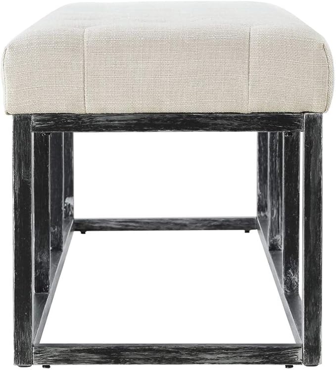 24KF Upholstered Tufted Long Bench with Metal Frame Leg, Linen Bench Ottoman with Padded Seat-Ivory