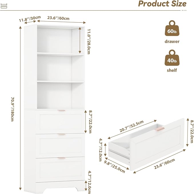 71" Tall Modern White Bookshelf with Storage 3 Drawers Freestanding Display Bookcase, Tall Book Shelf with Organizers and Storage, Display case for Home Office, Living Room,Study,White