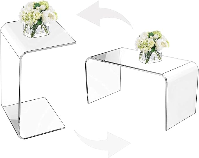 Acrylic End Table, 26 Inch Tall Side Table Acrylic C Shape Modern Clear Side Couch Table Slides Under Couch