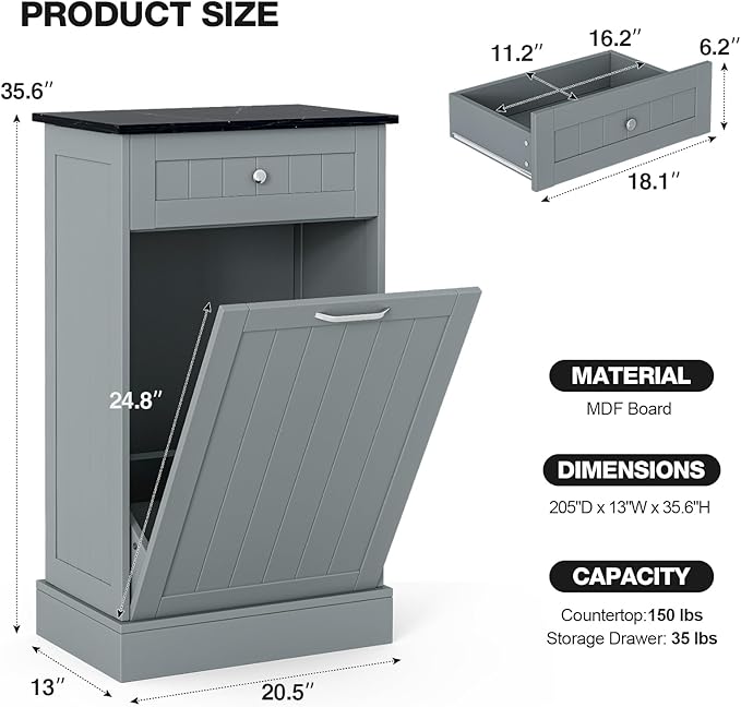GAZHOME 10 Gallon Tilt Out Trash Cabinet, Upgrade Wooden Free Standing Recyclin Trash Cabinet with Hideaway Drawer(Gray)