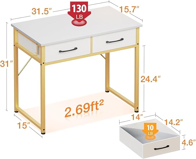 Casaottima 32 Inch Small Dressing Vanity Desk with 2 Drawers & Headphone Hook, Makeup Vanity Desk for Bedroom Without Mirror,Modern Space-Saving Design for Small Spaces White-Gold