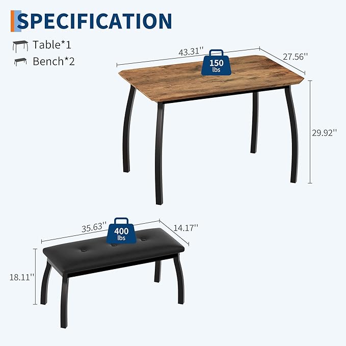 GAOMON Dining Table Set for 4, Metal Frame Kitchen Table Set with 2 Upholstered Bench, 3 Piece Dining Room Table Furniture for Apartment, Studio, Home, Easy Assembly, Retro Brown