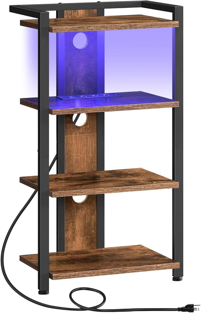 HOOBRO 4-Tier AV Media Stand, Media Console with Charging Station and LED Light, Wooden Stereo Cabinet, Corner TV Stand, Record Player, Entertainment Device Stand, Rustic Brown and Black BF38UDCJ01