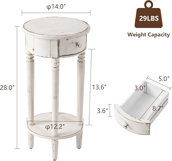 COSIEST Tall End Table with Drawer, Round Nightstand with Storage Shelf, Industrial Telephone End Table for Living Room, Bedroom, Hall Way, Space Saving Beige