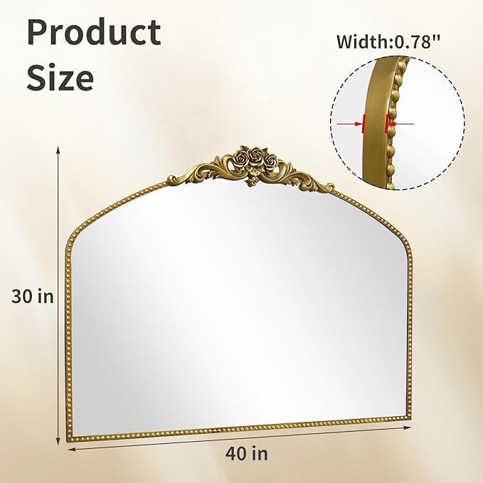 AIXI HOME Vintage Gold Arched Mirror 40"X30", Antique Baroque Mantel Mirror with Ornate Metal Frame, Victorian Dress Wall Mirror for Entryway/Fireplace/Living Room/Hallway/Bathroom/Bedroom
