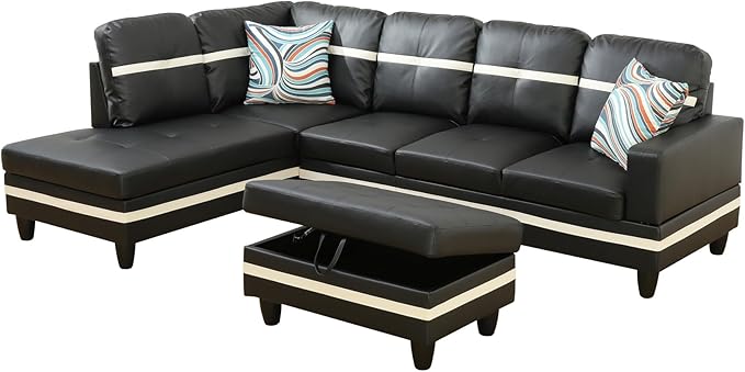 L Shaped Couch PU Leather Sectional Couch Upholstered 3 Pieces Sofas for Living Room with Chaise, Storage Ottoman for Office and Small Apartment, Black