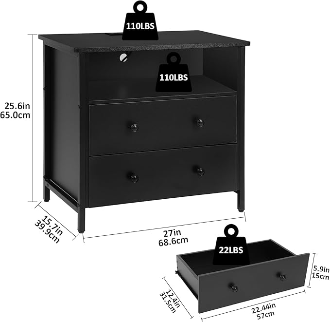 27 Inch Wide Night Stand, Large Wood Night Stand with 2 Drawer, LED Nightstand with Charging Station and Adjustable Drawer, Bedside Table for Living Room/Bedroom/Study/Office, Black.