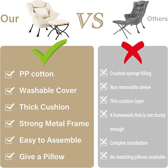 Lazy Chair with Ottoman, Modern Lounge Accent Chair with Armrests and a Throw Pillow, Leisure Sofa Chair Set, Reading Chair with Footrest for Living Room, Bedroom, Office, Velvet Ivory