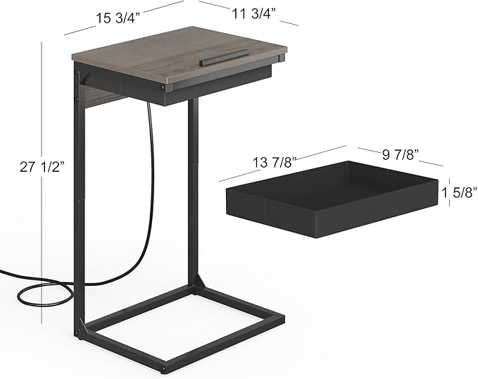 C Shaped End Tables with Charging Station, 45° Tiltable Adjustable Flip Top Side Table with Storage,Small C Table for Small Spaces,Slide Under Couch Sofa Bedside Tables for Living Room, Grey