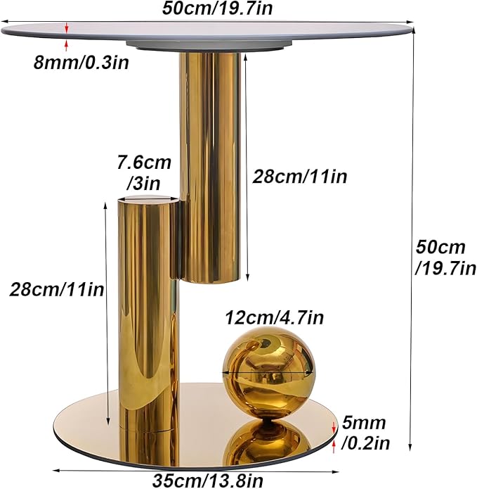White Gold Round Side Table, 19.7" Faux Marble Sofa End Table, Modern Nightstand, Small Accent Table with Stainless Steel Ball/Cylindrical Frame, for Living Bedroom Office (Gold, 50cm/19.7")