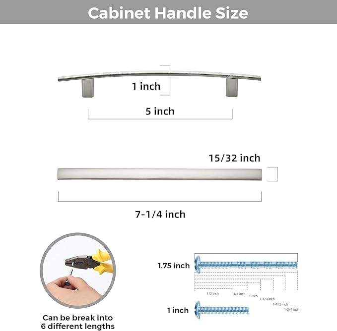 15 Pack Cabinet Handles 5" Hole Center - Curved Cabinet Pulls Brushed Nickel Drawer Pulls for Kitchen Cupboard Solid Hardware for Dresser Drawer Arch Hardware