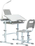Real Relax Kids Desk and Chair Set, Children's Multifunctional School Tables with Tilt Desktop, LED Light, Metal Hook Grey