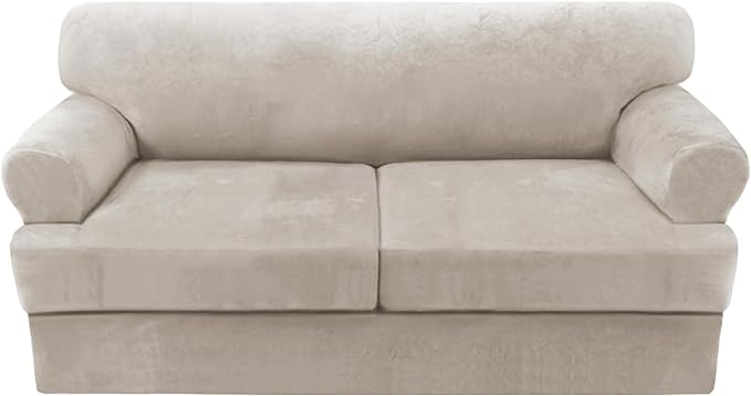 H.VERSAILTEX Sofa Cover 3 Piece T Cushion Loveseat Slipcovers Thick Velvet Couch Cover Stretch T Cushion Sofa Covers for 2 Cushion Couch with 2 Individual T Cushion Covers Washable, Oatmeal