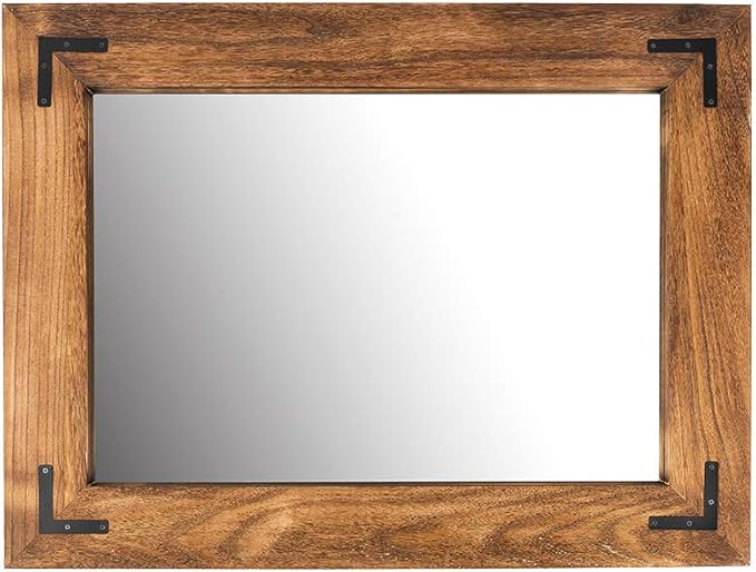 YOSHOOT Rustic Wooden Framed Wall Mirror, Natural Wood Bathroom Vanity Mirror for Farmhouse Decor, Vertical or Horizontal Hanging (26" x 18", Brown)
