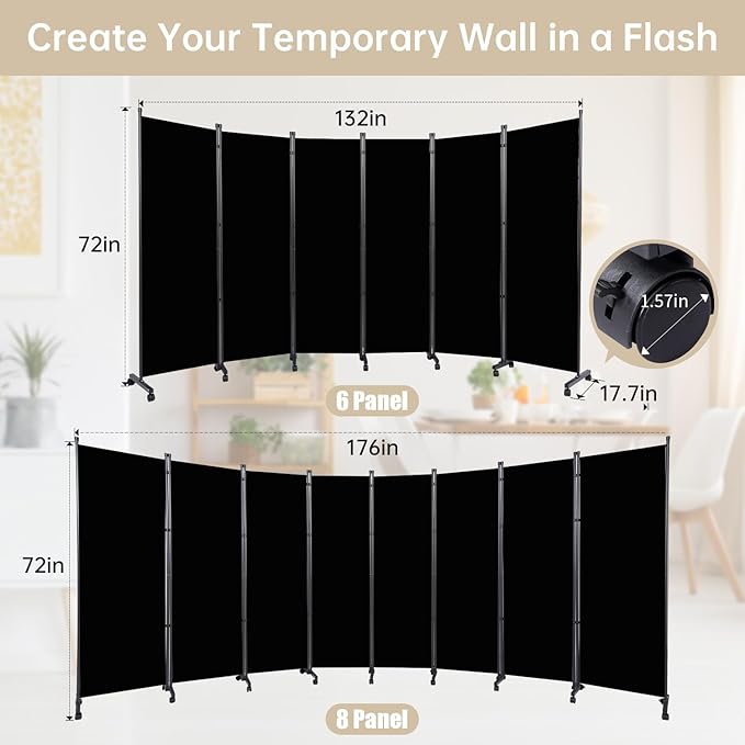 Room Divider 6 Panel Room Dividers/Wheels, Fabric Room Divider Panel for Office Room Partitions and Dividers, Portable Partition Wall Divider for Room Separation, Privacy Screen