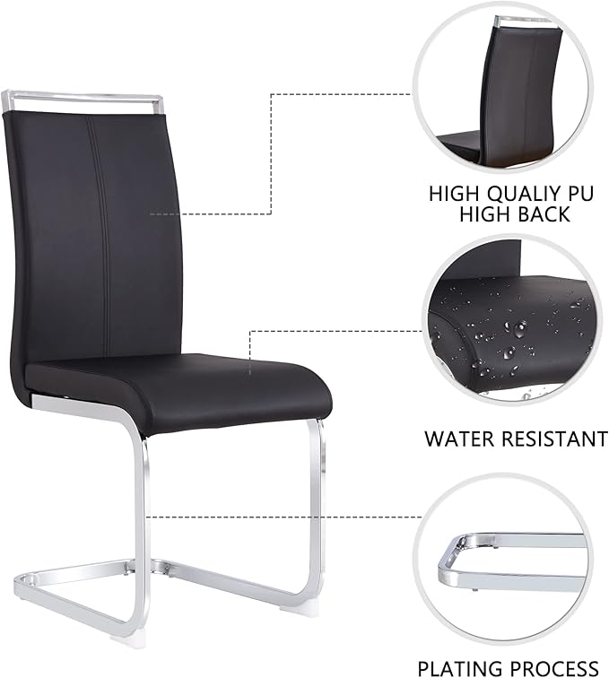 Dining Chairs Set, Kitchen Modern Metal Chairs with Faux Leather Padded Seat High Back and Sturdy Chrome Legs, Chairs for Dining Room (Black, Set of 2)