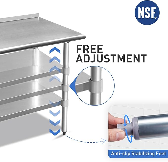ROCKPOINT Stainless Steel Table for Prep & Work with Backsplash 14x72 Inches, NSF Metal Commercial Kitchen Heavy Duty Table with Adjustable Under Shelf and Table Foot for Restaurant, Home and Hotel