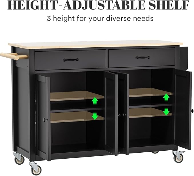 Rovibek Large Wood Island Table with Storage, 54 in Width, Portable Moveable Kitchen Island on Wheels, Black with Drawers Cabinet Spice Rack Towel Rack