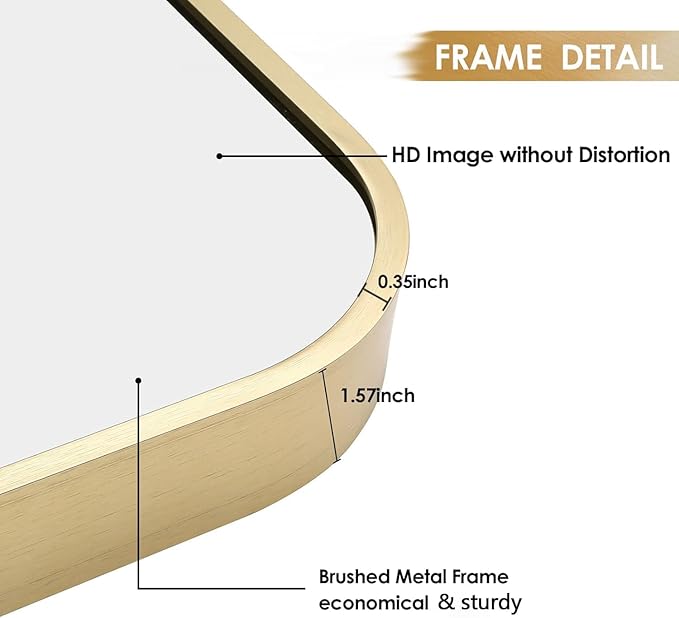 20x30 Inch Gold Bathroom Mirror, Brushed Gold Metal Framed Rectangular Mirror with Rounded Corner, Bathroom Vanity Mirror for Bedroom or Living Room, Horizontal/Vertical