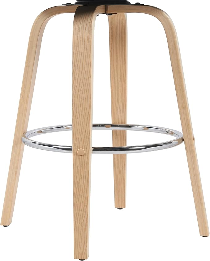 Sonia Modern Swivel Bar Height Stool with Black Upholstered Seat and Patterned Oak Wood Finish Set of 2