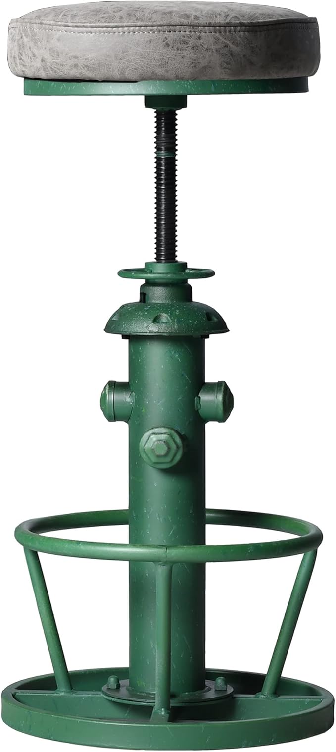 Topower Antique Industrial Round Bottom Adjustable Height Cafe Coffee Retro Vintage Stylish Water Pipe Design Pub Kitchen Bar Stool (Antique Green, PU Leather Top)