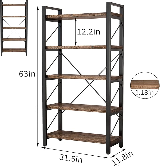 5 Tier Bookshelf Rustic Solid Wood Industrial Style Bookcase,Metal and Real Wood Vintage Bookshelf,Book Shelves Home Office, Retro Brown,Dark Matching credenza(LZ01-05tier) (5Tiers)