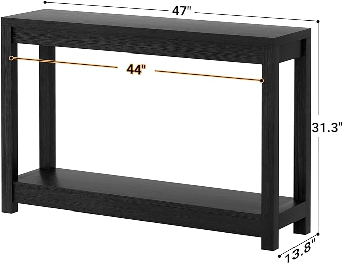 47" Farmhouse Wood Entryway Table Narrow Console Table with Storage Behind Couch Sofa Table with Shelves for Entry Way with Open Storage, Easy Assembly, Embossed Wood Grain Black
