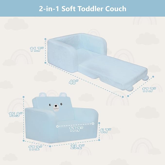 MONKISS Toddler Couch, 2-in-1 Kids Sofa Fold Out, Convertible Sofa to Lounger for Girls and Boys, Toddler Chairs Comfy 1-3 Years Old, SF04, Blue Bear