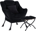 Lazy Chair with Ottoman, Comfy Reading Lounge Chair with Footstool & Throw Pillow Modern with Armrests & Side Pocket for Living Room, Bedroom, Dorm Room, Velvet Black