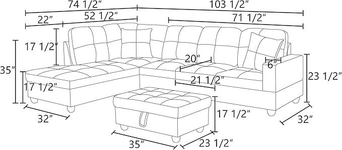 L Shaped Sectional Sofa with Ottoman, Color Blocking Flannel Leather Right Facing Modern Couches for Living Room, Bedroom, Office, Ginger Leather