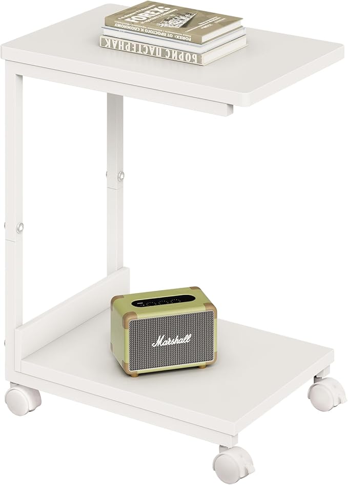 Side Table,C Table with 2-Tier Storage Shelf, End Table TV Tray with Metal Frame, Sofa Table with Wheels for Living Room, Bedroom, Office, Bathroom, Easy Assembly, White