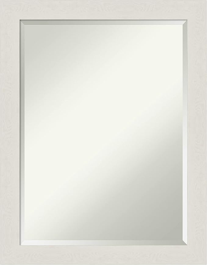 Amanti Art White Bathroom Mirror for Over Sink, 28x22 Rustic Plank White Narrow Rectangle Vanity Mirror, Medium Rustic Farmhouse Frame, Hangs Horizonally and Vertically, Bathroom Wall Decor, Beveled