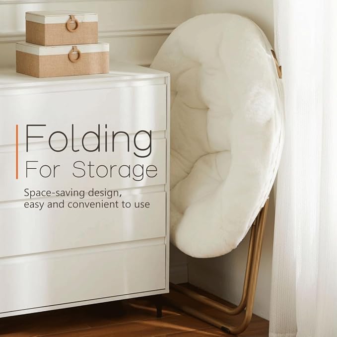 Comfortable Cozy Faux Fur Disc Chair Foldable Feature for Bedroom, Living Room and Dorm, Adult-Sized Relaxation, White