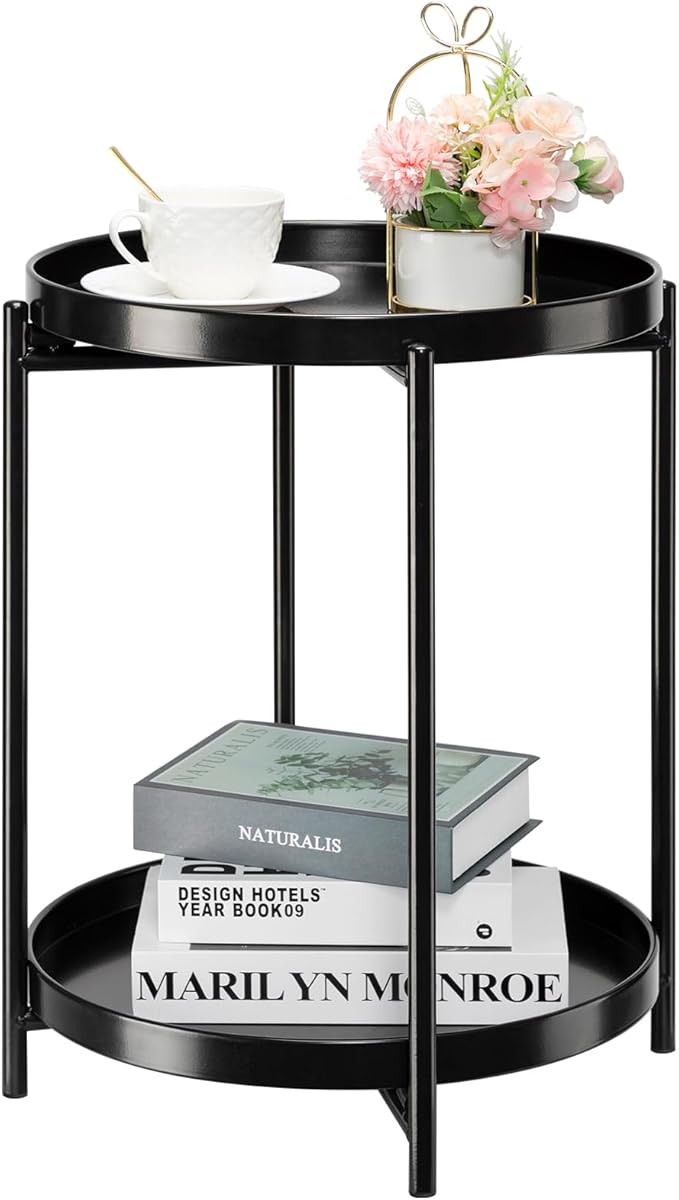 danpinera 2-Tier Round Side Table, Metal End Table with Removable Tray, Small Outdoor Table Accent Table, Anti-Rust Black Nightstand for Bedroom Balcony Patio (Black)