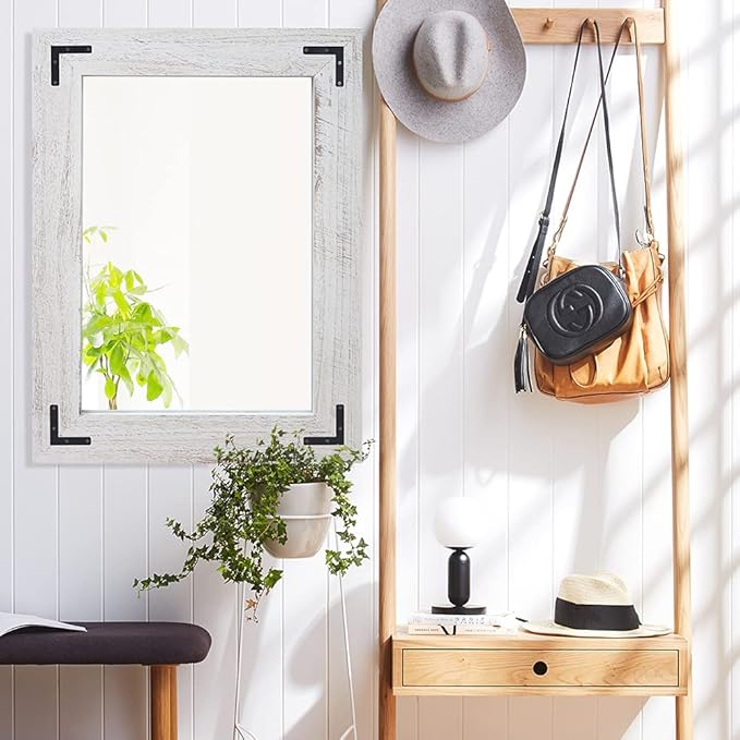 YOSHOOT Rustic Wooden Framed Wall Mirror, Natural Wood Bathroom Vanity Mirror for Farmhouse Decor, Vertical or Horizontal Hanging (26" x 18", White Grey)