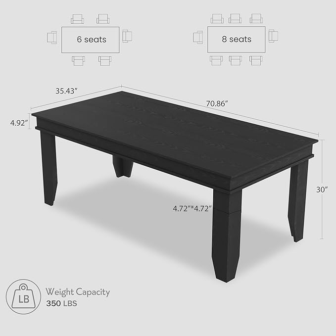 GarveeHome Farmhouse Dining Table for 6-8 People, 71" Long Black Kitchen Tables with Wooden Sturdy Frame, 6 Ft Large Rectangular Dinner Table for Living Room, Kitchen, Dining Room
